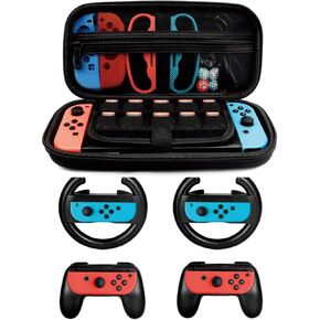 Accessories Kit for Nintendo Switch Games Starter, 2x Steering Wheel, 2x Grip Kit, 1x Travel Carry Case(5 in 1 Red/Blue)