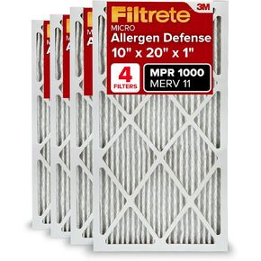 Filtrete 10x20x1 AC Furnace Air Filter, MERV 11, MPR 1000, Micro Allergen Defense, 3-Month Pleated 1-Inch Electrostatic Air Cleaning Filter, 4 Pack (Actual Size 9.81x19.81x0.81 in)