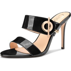 Castamere Womens Stiletto High Heel Open Round Toe Sandals Mules Shoes Slip-on Buckle Metal Chain Casual Dress Summer 3.9 Inches Heels