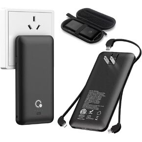 Q 10000mAh Power Bank, Slim Portable Charger,4 Output External Battery Pack with Built-in AC Wall Plug Micro USB C Three Cables Compatible with iPhone Android Phone Smart Watch