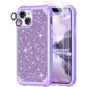 LONTECT for iPhone 14 Case Shockproof Double Layer Heavy Duty Rugged Hybrid Full Body Drop Protective Cute Glitter Bling Sparkly Cover Women Girls Case for Apple iPhone 14 2022,Shiny Purple