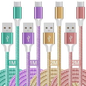 USB C Charger Cable, 4-Pack (3/3/6/6ft) Nylon Braided USB to USB C Cable Compatible with i Phone15/15 Pro/15 Plus/15 Pro Max Android Phone Samsung Galaxy (USB 3.1, Cyan/Purple/Golden/Pink)