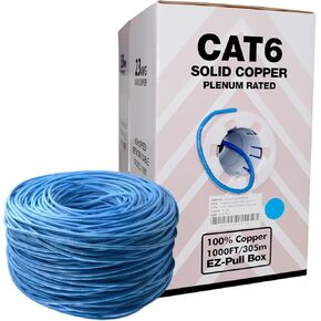 CAT6 Plenum 1000ft Pure Copper Cable | 100% Solid Copper (Bare Copper) Network Cable | Unshielded Twisted Pair (UTP) 10GB Ethernet Network Cable | 550MHz, 23AWG (Blue & White) Blue