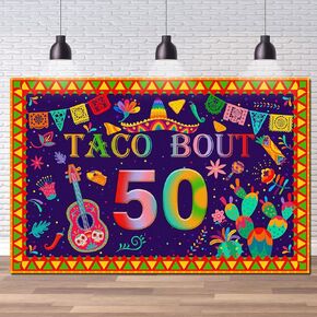 Taco Bout 50 Backdrop 50 Fiesta Mexican Cactus Birthday Banner Happy 50th Birthday Yard Sign Photo Background Party Supplies for Men Women 6x4ft
