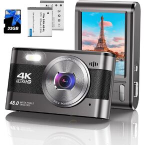 Digital Camera, 4K 48MP Autofocus Vlogging Camera for Photography YouTube Compact Vintage Travel Camera with Flash,18X Digital Zoom, Anti Shake 32G SD Card and 2 Batteries