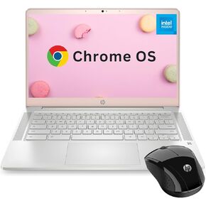 كمبيوتر محمول HP 14، شاشة HD 14 بوصة، معالج Intel، ذاكرة الوصول العشوائي 4 جيجابايت، 128 جيجابايت eMMC، حافظة كمبيوتر محمول، ماوس لاسلكي، كاميرا ويب، HDMI، Wi-Fi، نظام تشغيل Chrome، وردي