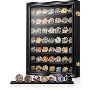 7 Rows Challenge Coin Wall Display with HD Tempered Glass- Holds 100 Coins, Wooden Shadow Box Military Awards Display Case with Removable Shelves, Poker Chip Coins Holder for Collector, Rustic Brown
