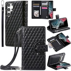Phone Case for Samsung Galaxy S22 Ultra 5G Wallet Cover with and Crossbody Wrist Strap Shoulder Strap 9+ Card Slots Zipper Purse Leather Stand S22ultra 22S S 22 S22ultra5g 6.8 Women Men Pink