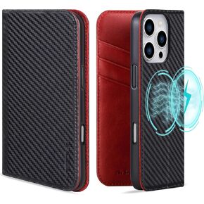 VISOUL Case for iPhone 16 Pro Wallet Case, Carbon Fiber Leather Phone Case with Card Holder Kickstand Flip Folio Case Compatible with iPhone 16 Pro (6.3-inch)-Black+Red