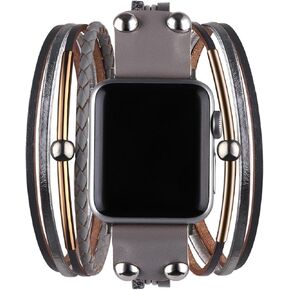 Multi-Layer Leather Wrap Bracelet Compatible with Apple Watch Ultra SE 8 7 6 5 4 3 38mm 40mm 41mm 42mm 44mm 45mm 49mm for Women Mens, Boho Stylish Cuff Bangle Watch Strap for Iwatch Bands