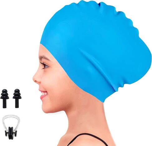 EcoNour Kids Swimming Cap for Boys and Girls Short Hair (Age 3-10) with Ear Plugs & Nose Clips, Waterproof Silicone Girls Swim Cap for Kids for Comfortable Fit and Water Tight Seal (Pink) in Saudi Arabia