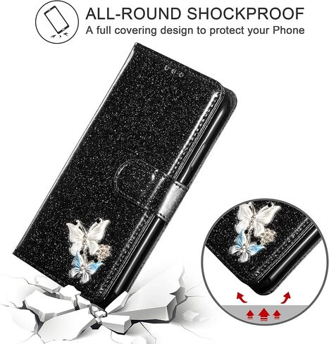UEEBAI Wallet Case for iPhone 13, Glitter PU Leather Phone Case Card Slots Kickstand Case Magnetic Closure Bling Flip Case Shockproof Hand Strap Flip Cover - Rose Gold in Saudi Arabia