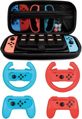 مجموعة ملحقات لجهاز Nintendo Switch Games Starter، 2x عجلة قيادة، 2x مجموعة قبضة، 1x حقيبة حمل للسفر (5 في 1 أحمر/أزرق) in Saudi Arabia