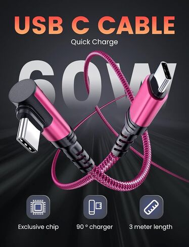 2-Pack USB C to USB C Cable 60W, 10ft+10ft Right Angle 90 Degree USB Type C Charger Fast Charging Cord for iPhone 16/16 Plus/16 Pro/16 Pro Max/Samsung S24/S23, MacBook, C Port iPad Mini/Air/Pro(Rose) in Saudi Arabia