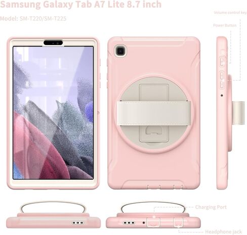 غطاء Galaxy Tab A7 Lite مع واقي شاشة 2021، حافظة واقية Samsung Galaxy Tab A7 Lite 8.7 بوصة مع حزام يد/مسند، حافظة متينة مقاومة للصدمات لجهاز SM-T220/T225/T227U-أسود in Kuwait