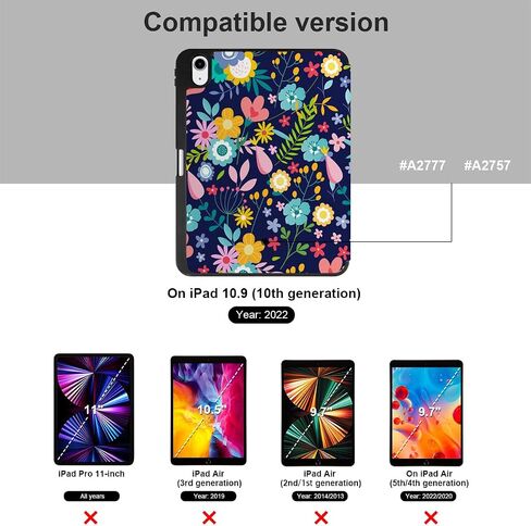 حافظة DONGKE لجهاز iPad الجيل العاشر 10.9 بوصة 2022، حامل ثلاثي الطي + حامل أقلام + تنبيه/غفو تلقائي + غطاء خلفي واقٍ ناعم من مادة TPU، زهور جميلة ملونة in Kuwait