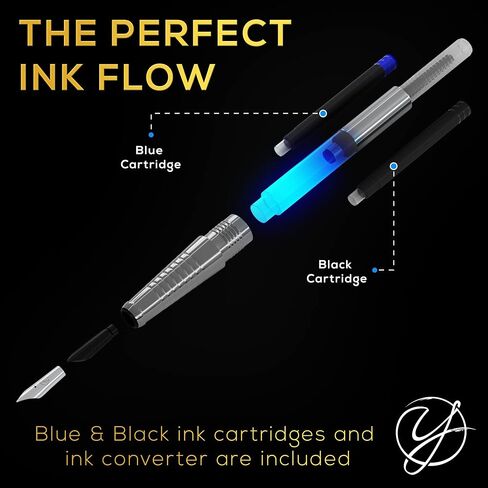 Fountain Pen Set with Ink and Converter 3.0 - Caligraphy Pens for Writing, Medium Nib, 6 Ink Cartridges (3 Black ink,3 Blue ink), Best Pens for Smooth Writing Journaling Luxury Pen Gift Set in Saudi Arabia