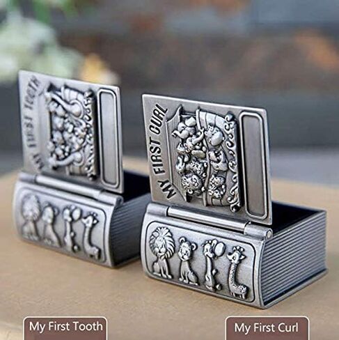First Curl and First Tooth Keepsake Box for Kids Metallic Engraved Cute Shape, Silver Tooth Holder, Tooth Collection Organizer, Great Gift Idea for Babies to Keep The Childhood Memory (Book) in Kuwait