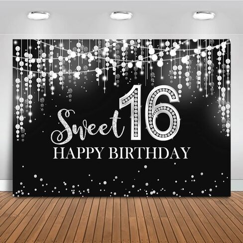 Mocsicka Sweet 16 Birthday Backdrop Glitter Silver Sweet Sixteen Background Girls 16th Birthday Party Cake Table Decoration Photo Booth Props (7x5ft) in Saudi Arabia