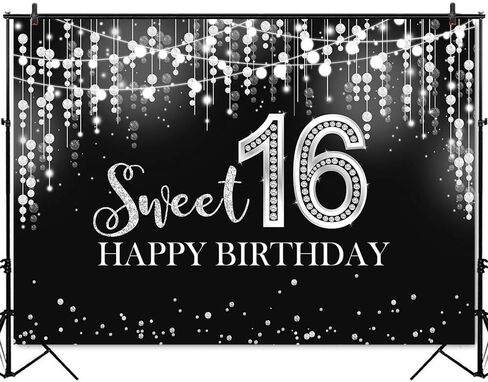 Mocsicka Sweet 16 Birthday Backdrop Glitter Silver Sweet Sixteen Background Girls 16th Birthday Party Cake Table Decoration Photo Booth Props (7x5ft) in Saudi Arabia