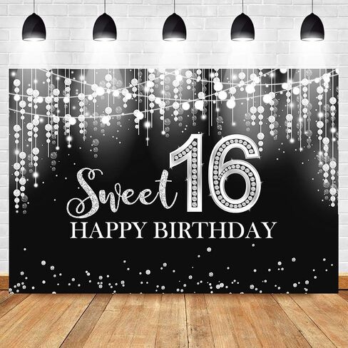 Mocsicka Sweet 16 Birthday Backdrop Glitter Silver Sweet Sixteen Background Girls 16th Birthday Party Cake Table Decoration Photo Booth Props (7x5ft) in Saudi Arabia