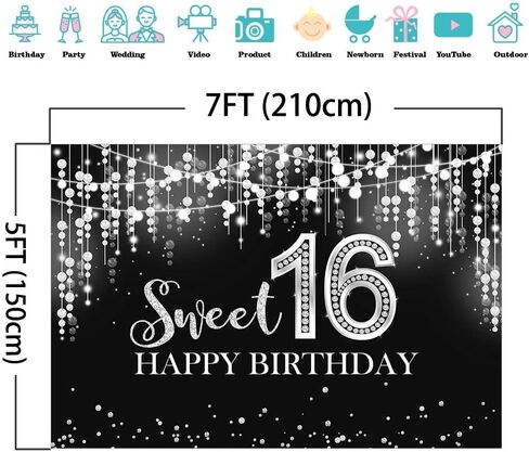 Mocsicka Sweet 16 Birthday Backdrop Glitter Silver Sweet Sixteen Background Girls 16th Birthday Party Cake Table Decoration Photo Booth Props (7x5ft) in Saudi Arabia