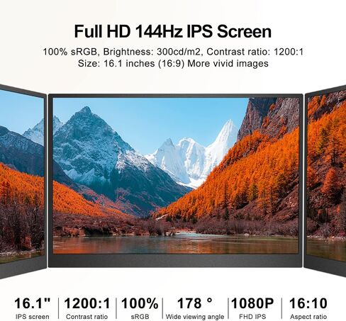 شاشة CNBANAN المحمولة 144 هرتز، شاشة ألعاب 16.1 بوصة 1200: 1 USB-C&HDMI شاشة كمبيوتر محمول 1080P IPS مكبر صوت خارجي فائق النحافة شاشة سفر ثانية لأجهزة الكمبيوتر المحمول Mac Phone Xbox Game Monitor in Saudi Arabia