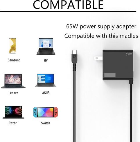 شاحن USB C 65 وات مناسب لجهاز Lenovo ThinkPad T480s T580s E480 E580 E590 Chromebook 300e 500e c330 c630 Yoga 7i 9i 14" 15" 2 في 1 Yoga S730 C940 C740 730s-13 s730-13Y محول إمداد الطاقة للكمبيوتر المحمول. in Saudi Arabia