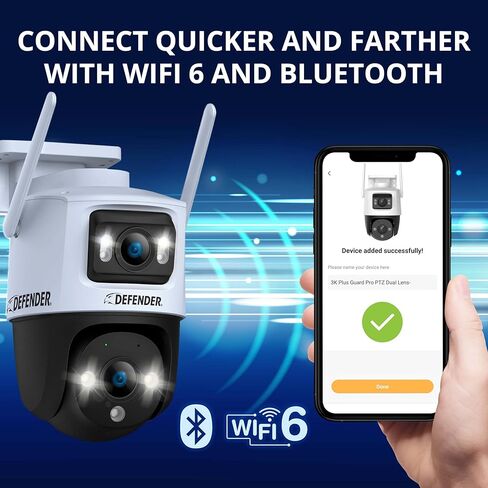 AI Powered Guard Pro 3K Plus Dual Lens PTZ WiFi 6، كاميرا أمان للتوصيل والتشغيل، اكتشاف الإنسان/المركبة، تتبع الذكاء الاصطناعي التلقائي، بلوتوث، رؤية ليلية ملونة، تتضمن بطاقة SD سعة 32 جيجابايت وضمان لمدة عامين in Kuwait