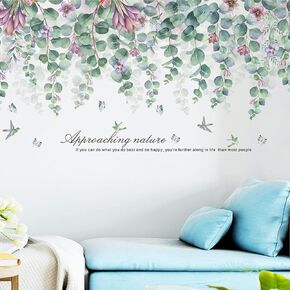 Green Leaves Wall Stickers Flowers Vine Wall Decal Stickers DIY Removable Quotes Floral Wall Decor for Living Room Bedroom Kitchen Playroom Nursery Room Decoration