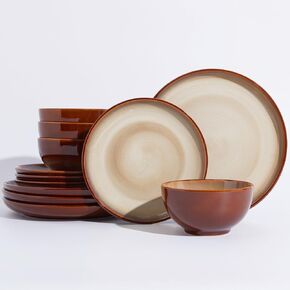 Gradient Green Stoneware Dinnerware Set, 12pcs Reactive Glaze Plates and Bowls Sets, Handmade Round Dishes Set for 4,Highly Chip and Crack Resistant Modern Plate Set
