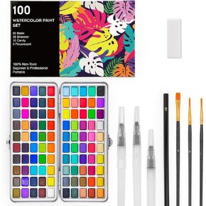 100 Colors Watercolor Paint Set, Including Metallic, Macarons, Fluorescent Colors, Water Brush Pen, Portable Palette, Art Supplies for Adult Beginners & Professional Artists