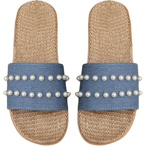 GORGLITTER Women's Pearls Decor Denim Flats Open Toe Single Band Summer Slide Sandals