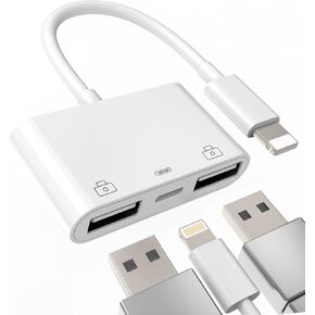 iPhone OTG Adapter Lightning Male to Dual USB Female Charger Cable Dongle Camera Memory Stick Flash Drive Cord Reader Mouse Keyboard Converter Charging Card Splitter for Apple 14 13 12 11 Pro Max 8 7