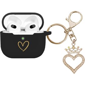 Compatible with AirPods 3 Case Cover 2021, Soft Silicone Case with Gold Heart Pattern for AirPods 3rd Generation Case with Rhinestone Studded Love Heart Keychain (Pink)