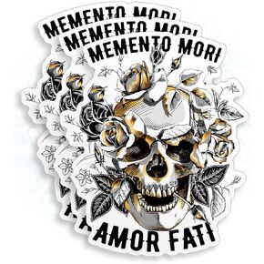 (3Pcs) Memento Mori Sticker Amor Fati Skull Gold Roses Flowers 2" Vinyl Die-Cut Stickers for Hard Hat Water Bottle Laptop Skateboard Helmet Aesthetic Decoration Stuff Gifts 2 Inches