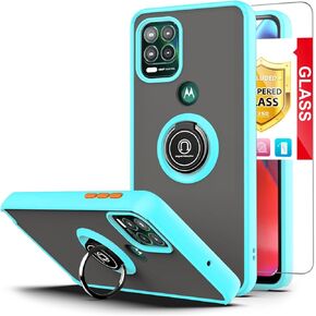 TJS Compatible with Motorola Moto G Stylus 5G 2021 Case, with Tempered Glass Screen Protector, Metal Ring Magnetic Support Kickstand Heavy Duty Drop Protector Phone Case (Black)