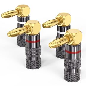 Right Angle Banana Plugs for Speaker Wire 2 Pairs/4 PCS, Speaker Banana Plugs 24K Gold Plated Connector for A/V Receiver, Amplifier, Surround Sound System, Banana Wall Plate, Home Theater