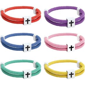 6 Pcs Braided Cross Bracelet for Men Women Adjustable Rope Jesus Bracelets with Metal Knot Christian Baptism Gifts