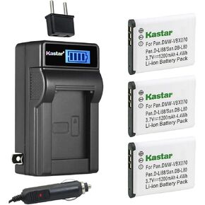 Kastar 3-Pack DB-L80 Battery and LCD AC Charger Compatible with Sanyo Xacti VPC-CS1EXP-B, VPC-CS1P, VPC-GH1, VPC-GH1EX-B, VPC-GH2, VPC-GH3, VPC-GH4, VPC-PD1, VPC-PD2, VPC-PD2BK, VPC-X1200 Cameras