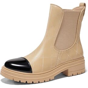 Coutgo Womens Platform Chelsea Boots Low Heel Lug Sole Ankle Booties Quilted Two Tone Pull on Winter Shoes