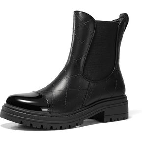Coutgo Womens Platform Chelsea Boots Low Heel Lug Sole Ankle Booties Quilted Two Tone Pull on Winter Shoes