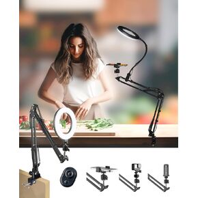 Upgrade Overhead Camera Phone Mount, Ring Light Phone Stand for Recording, Flexible Overhead Desk Tripod for Photography/Makeup/Nail/Live Stream Video/YouTub/Zoom Meeting with Remote,10 Inch