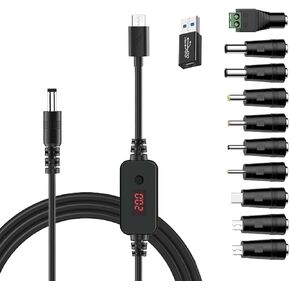 Universal PD Fast Charger, USB-C to DC 5V/9V/12V/15V/20V Multi-Voltage Adapter Cable with LED Display, 11 Connectors, for Phones, Laptops, Tablets, Led Light, Lamps, Cameras, Routers, 4ft