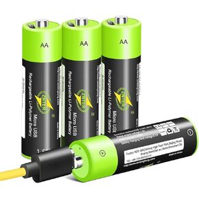 AA Batteries - USB Rechargeable Double A Lithium Batteries - Li-ion Battery Cell - 1.5V / 1700mAH (4-Pack) - Not NI-MH/NI-CD/Alkaline Batteries - ECO-Friendly and Recyclable - No Memory Effect（Green)