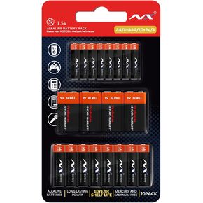 9V / AA/AAA Battery 20 Count Combo Pack Super Alkaline Batteries, Ultra Long-Lasting Alkaline - 10-Year Shelf Life