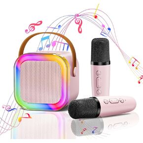 Karaoke Machine for Kids Adults, Mini Portable Bluetooth Karaoke Speaker with 2 Wireless Microphones & Colorful Lights, Birthday Gifts for Girls Boys Family Party Outdoor Travel(Beige)