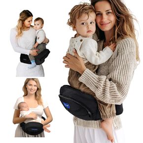 FRUITEAM Hip Baby Carrier, New Ergonomic Bench Design, Various Pockets for Newborns & Toddlers up to 55lbs, All Seasons Carrier, Black
