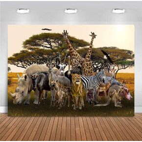 7x5ft Tropical African Forest Jungle Safari Scenic Backdrop Large Banner Realistic Animals Giraffe Antelope Lion Photography Background Supplies Photobooth Props