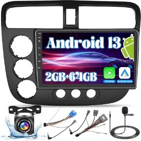 2+64G Android 13 Carplay Radio Touch Screen Car Stereo for Honda Civic (LHD) 2001-2005, 9'' HD Compatible with Android Auto, AHD Backup Camera, Mirror Link, GPS, WiFi, FM RDS